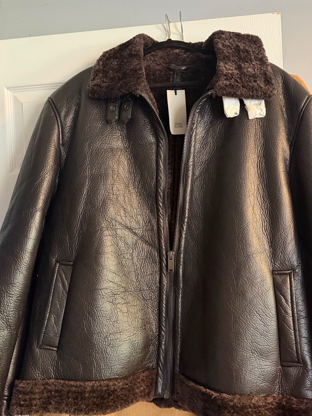 Unisex Faux Leather Shearling Jacket - Dark Brown